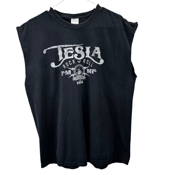 Tesla Rock n Roll Forever More T Shirt XL Black Graphic Cut Sleeves - Picture 1 of 4